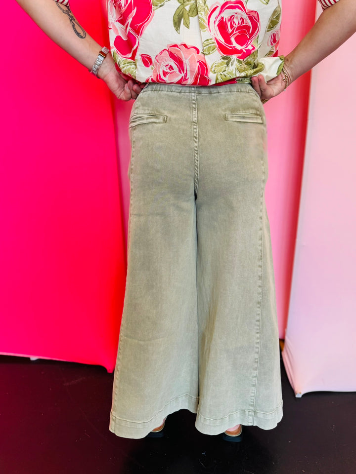 Lt Olive Cropped Gaucho Denim Jeans