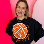 Black cropped sweatshirt with bold basketball graphic and “that game day feeling” lettering.