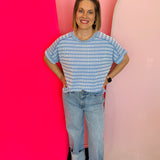 Cornflower Blue Raised Ribbed Striped Top