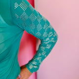 Rhinestones Checked In Turquoise Mesh Top