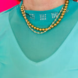 Rhinestones Checked In Turquoise Mesh Top