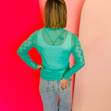Rhinestones Checked In Turquoise Mesh Top