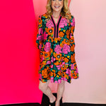 Jodifl vibrant floral tiered mini dress with V-neckline and striped cuffs 