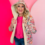 Cream paisley floral hooded jacket with plush Sherpa lining and open-front fit.