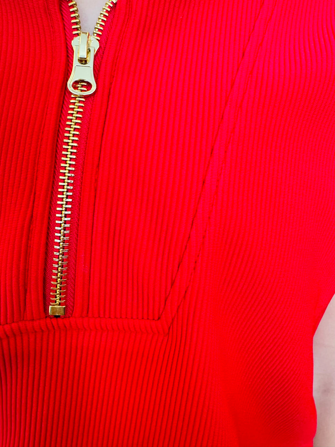 Red Ribbed Half Zip Top