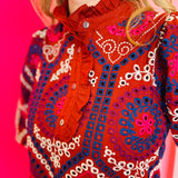 Crimson Embroidered Ruffle Top