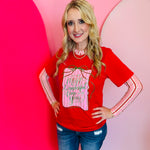 Red holiday tee with glittery “Wonderful Time of the Year” graphic, gift box, and green ribbon.