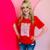 Red holiday tee with glittery “Wonderful Time of the Year” graphic, gift box, and green ribbon.