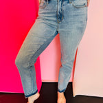 Judy Blue MR Rigid Magic Boyfriend Jeans with release hem, mid-rise 10.5" rise, 29.5" inseam.