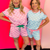 Sky Blue Polka Dot Contrast Edge Short Set