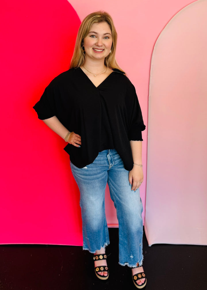 Black Smocked Sleeve Top