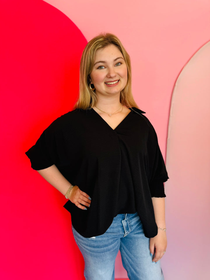 Black Smocked Sleeve Top