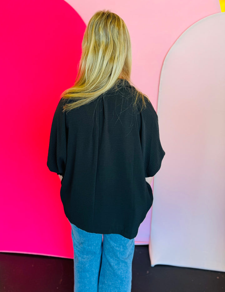 Black Smocked Sleeve Top