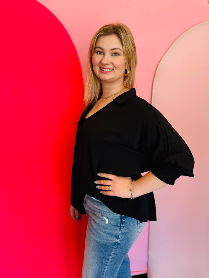 Black Smocked Sleeve Top