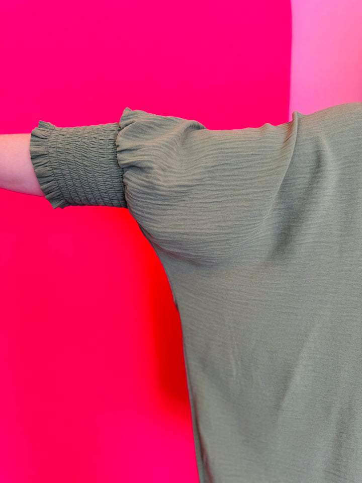 Light Olive Smocked Sleeve Top