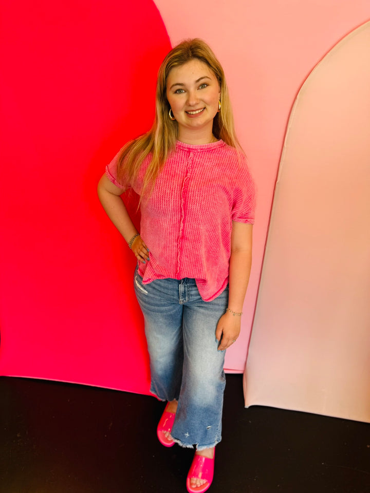 Fuchsia Rounded Hem Waffle Top