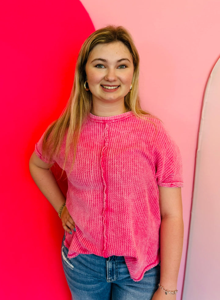 Fuchsia Rounded Hem Waffle Top