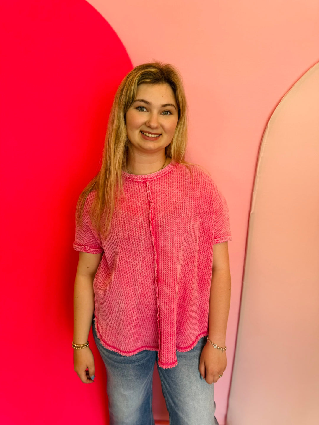 Fuchsia Rounded Hem Waffle Top