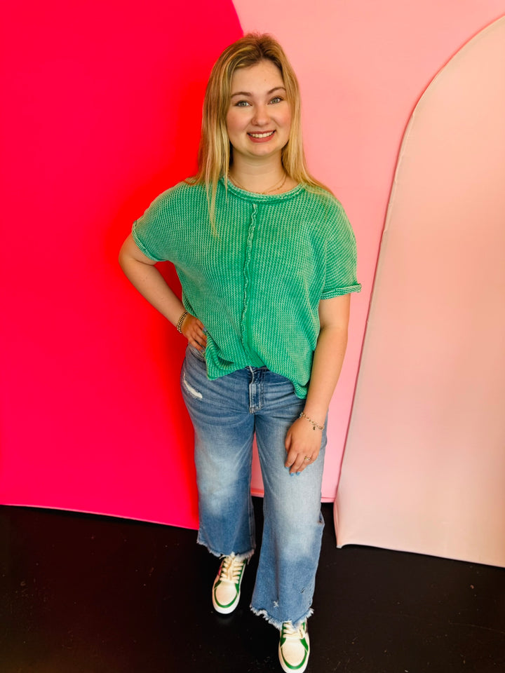 Kelly Green Rounded Hem Waffle Top