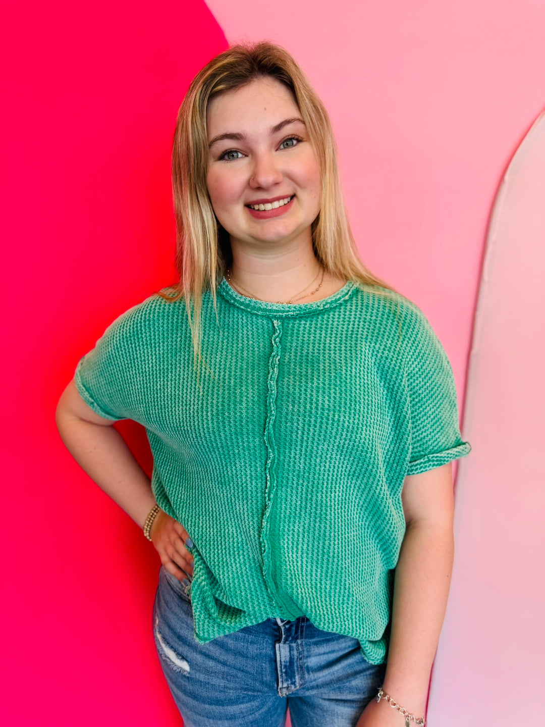Kelly Green Rounded Hem Waffle Top