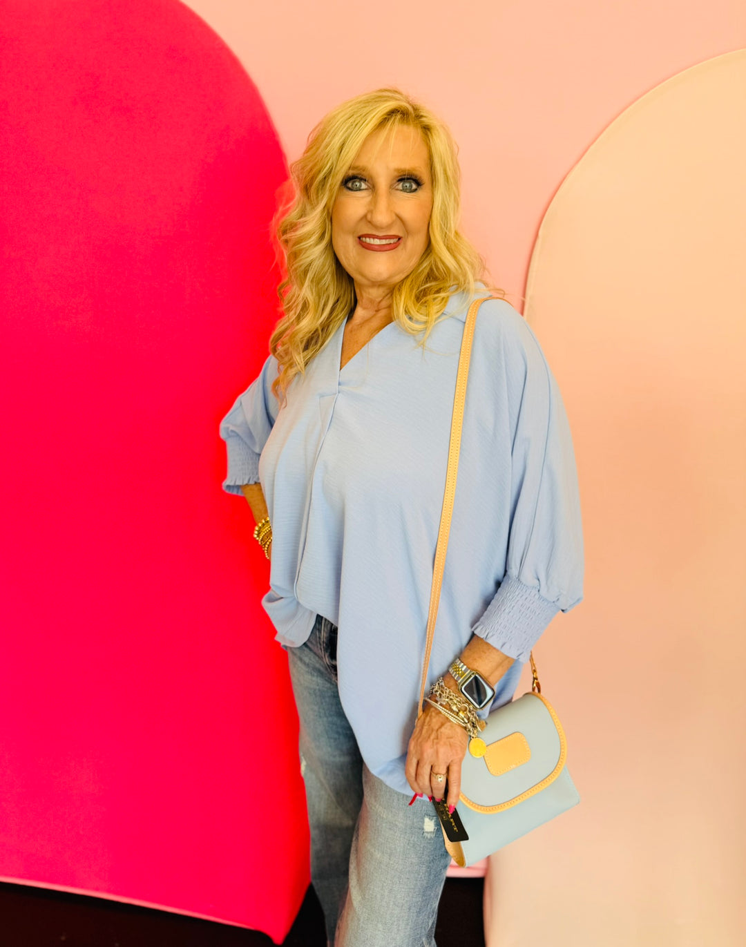 Spring Blue Smocked Sleeve Top
