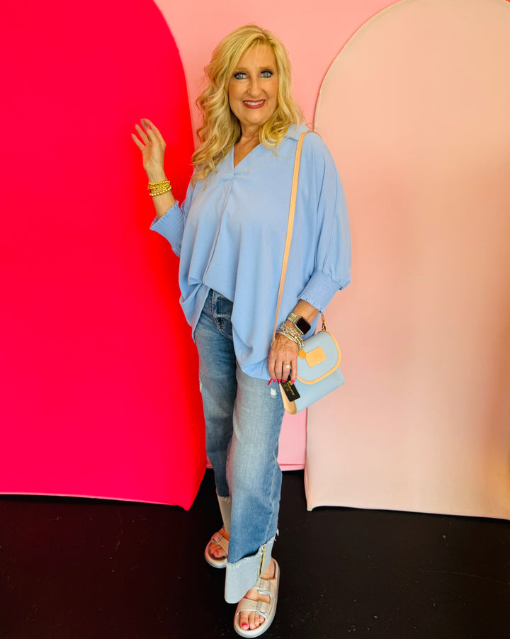 Spring Blue Smocked Sleeve Top