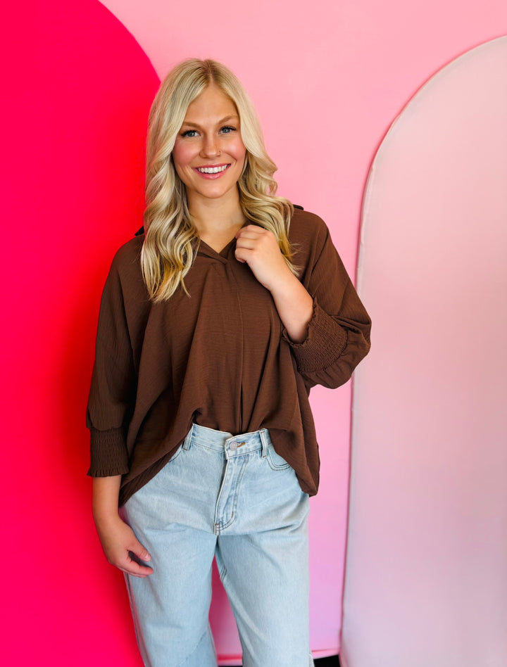Brown Smocked Sleeve Top