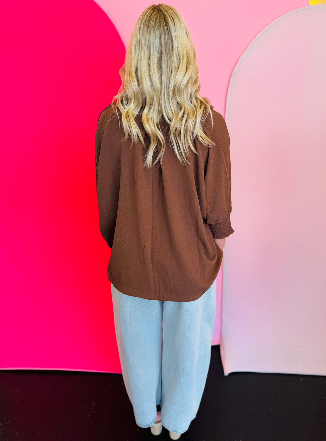 Brown Smocked Sleeve Top