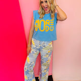 Blue Floral Patchwork Print Pants