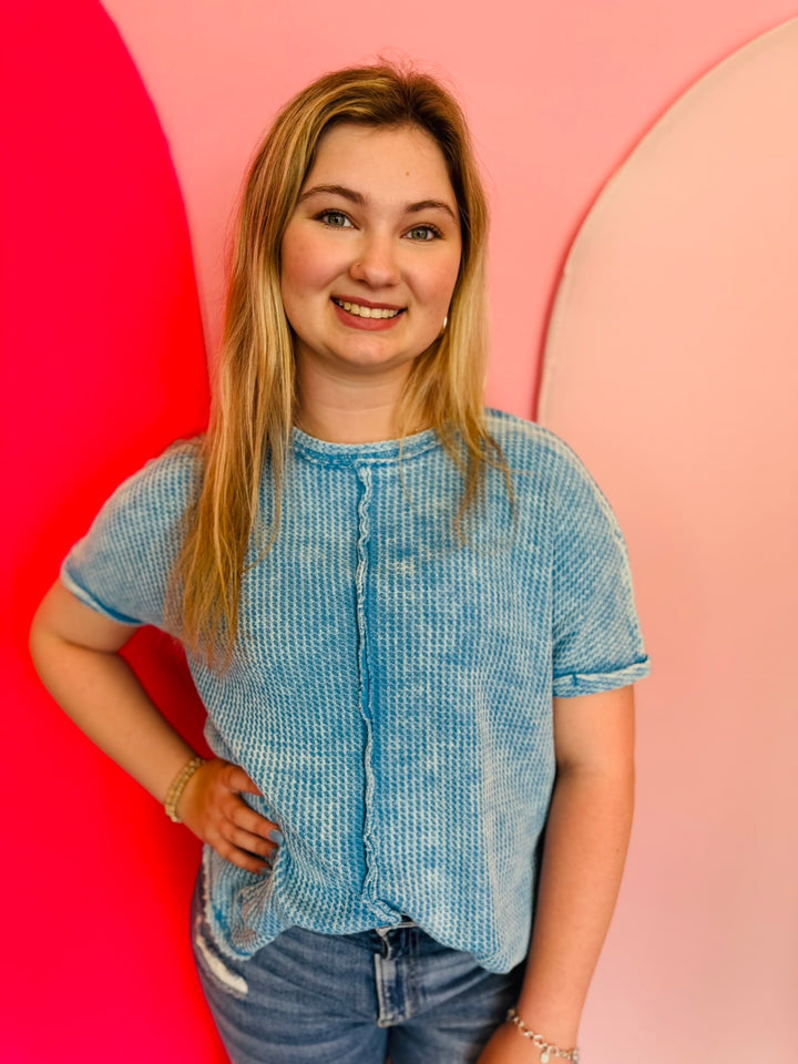 Deep Sky Blue Rounded Hem Waffle Top