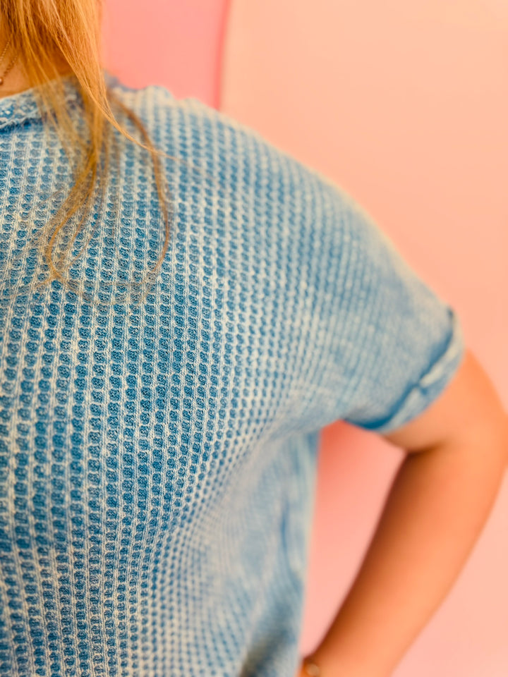 Deep Sky Blue Rounded Hem Waffle Top