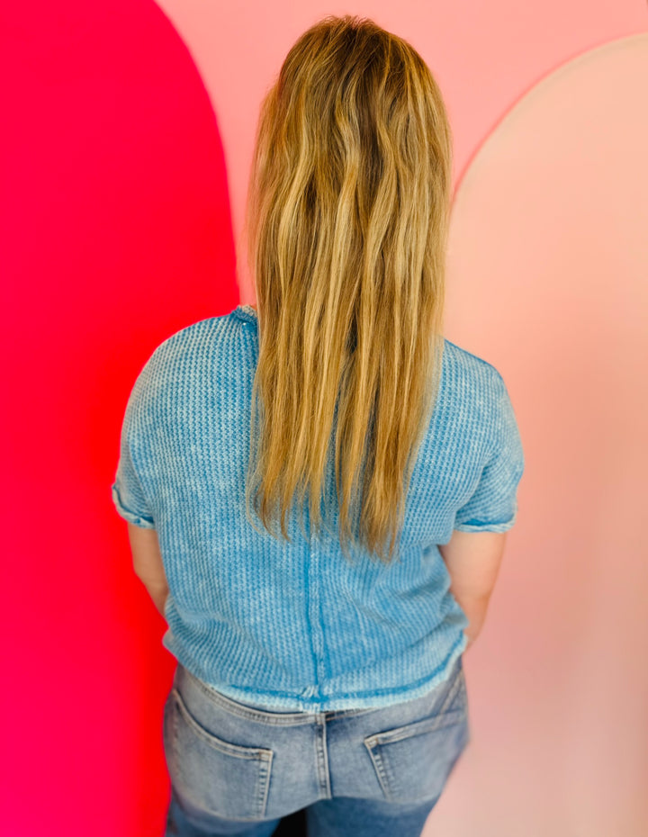 Deep Sky Blue Rounded Hem Waffle Top