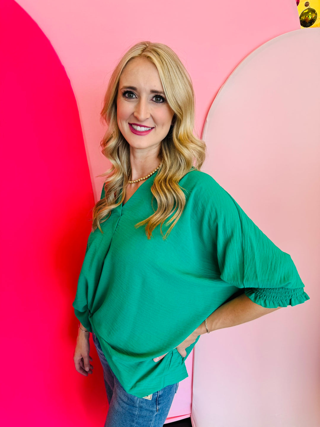 Kelly Green Smocked Sleeve Top