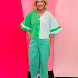 Green Colorblock Button Top