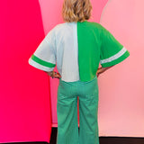 Green Colorblock Button Top