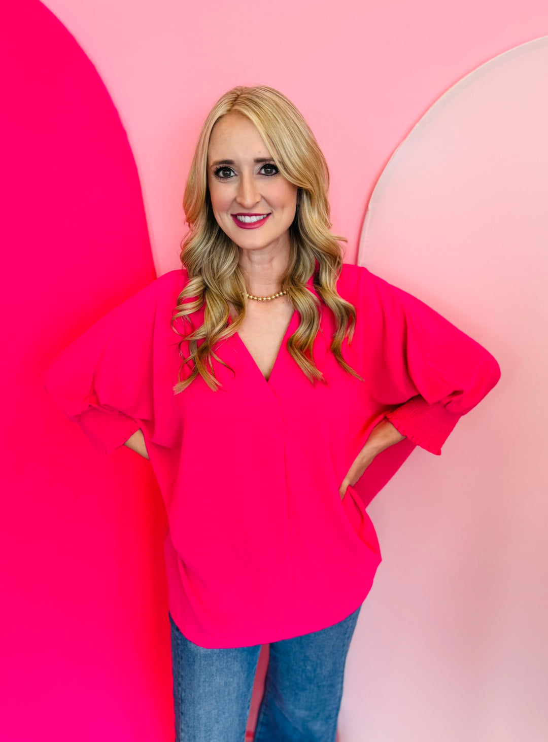Hot Pink Smocked Sleeve Top