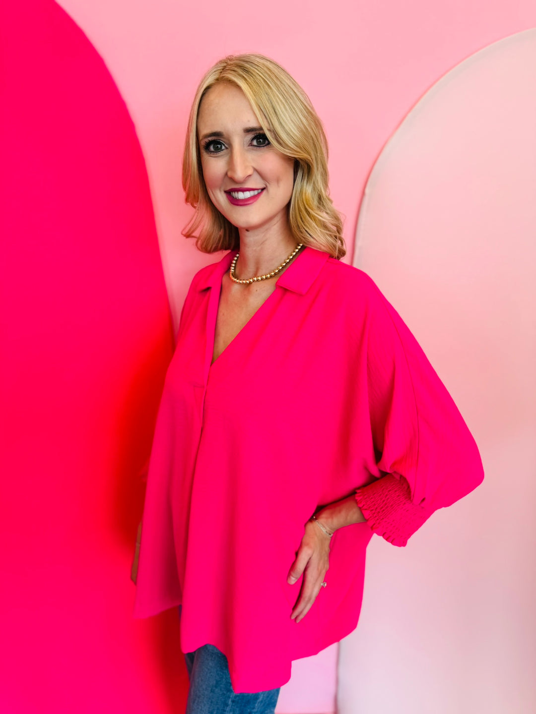 Hot Pink Smocked Sleeve Top