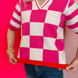 Pink Check Collared Sweater Top