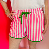 Pink and white striped shorts with bright green piping, relaxed fit, and soft stretchy fabric