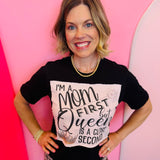 Black mom graphic tee with pink patch and bling crown accents.