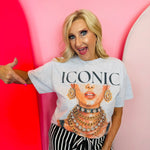 Heather gray graphic tee with glamorous fashion portrait and ICONIC lettering