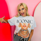 Heather gray graphic tee with glamorous fashion portrait and ICONIC lettering