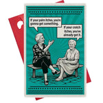 If Your Palm Itches greeting card with turquoise, black, and white design and red envelope.