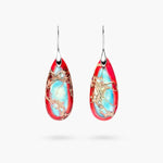 Imperial Jasper teardrop earrings with turquoise blue, red and earthy tones and silver-tone hooks.