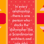 White cotton kitchen towel featuring a humorous dishwasher-loading quote in playful black lettering.