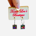 Silver hoops with iridescent square gemstone drop