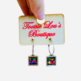 Silver hoops with iridescent square gemstone drop