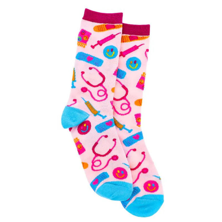 pink socks with stethoscopes, bandages, pills, and smiley graphics and turquoise toes and solid pink cuffs