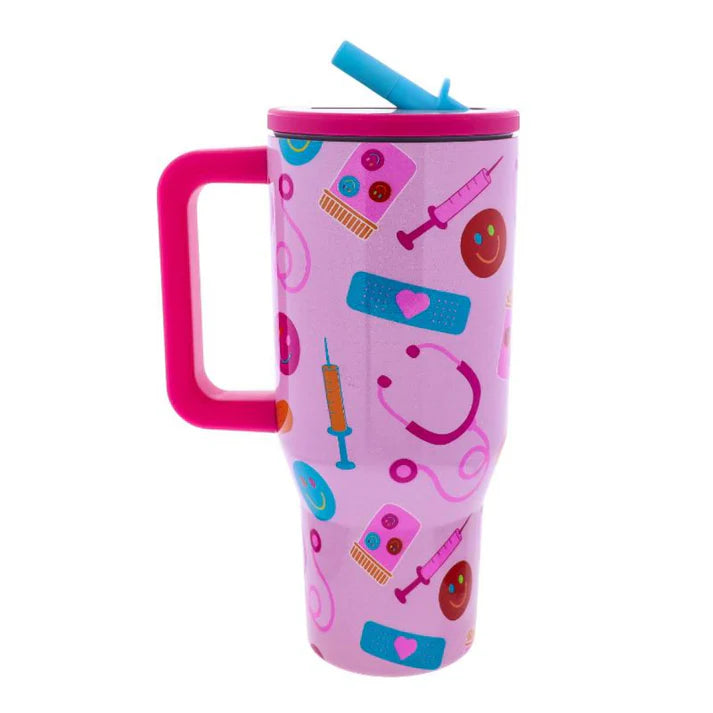 30 oz stainless steel tumbler with flip top straw lid  and medical-themed graphics, including stethoscopes, bandages, and pills. 