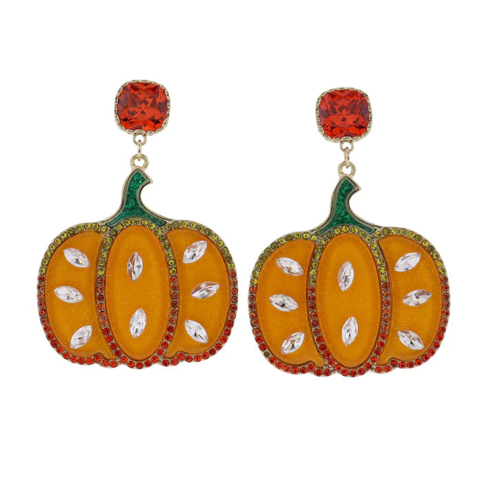 Pumpkin dangle earrings with crystals and orange rhinestone stud